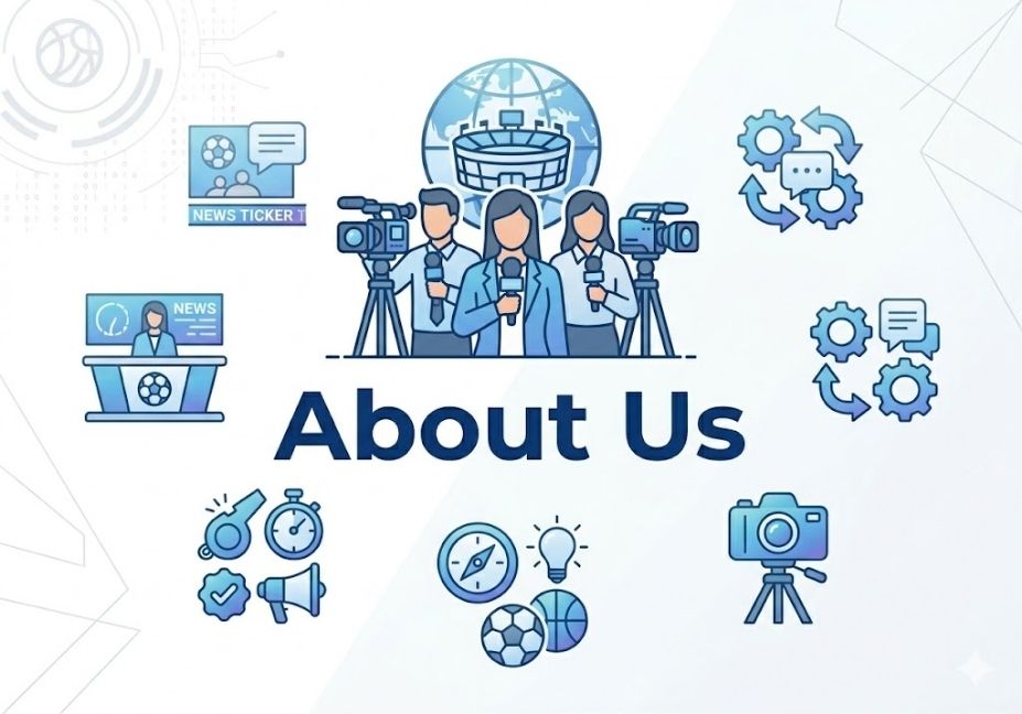 About Us page illustration featuring a professional sports media team, global coverage elements, communication icons, and company mission visuals.