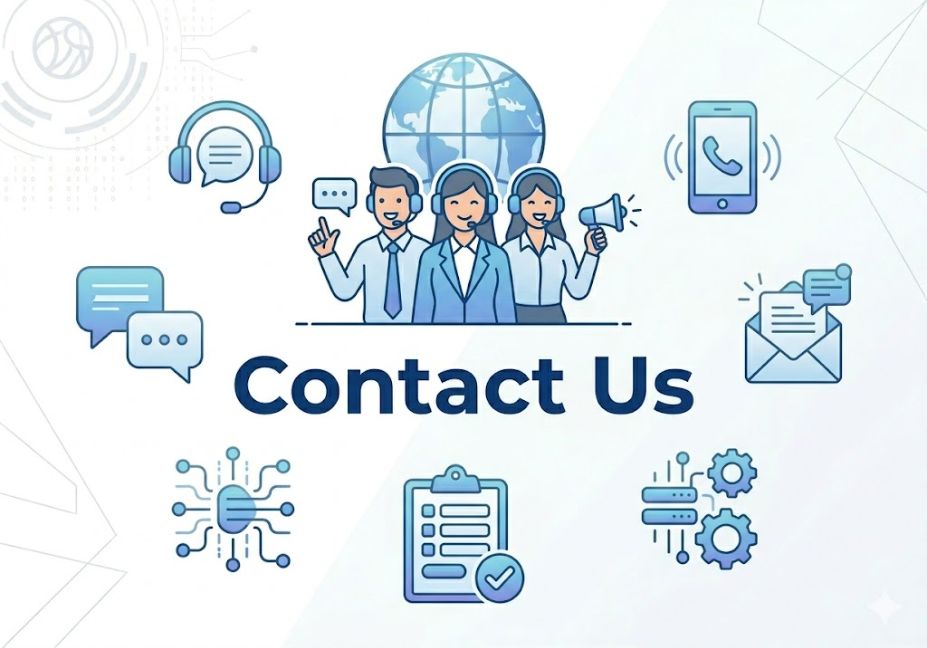 Contact Us page illustration displaying customer support, email communication, contact form, live chat, and assistance icons in a modern design.