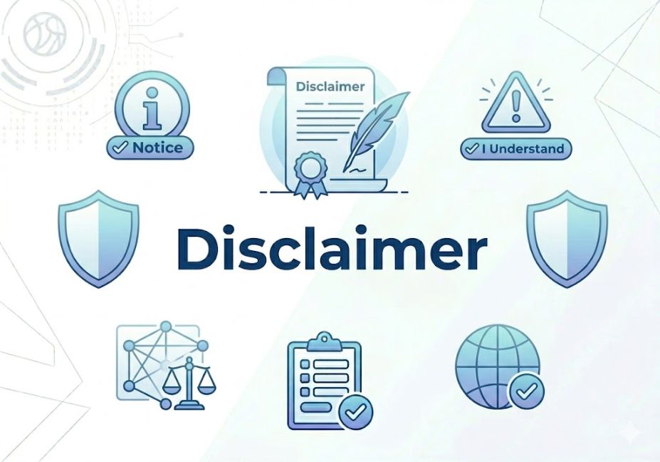 Disclaimer page illustration featuring information notices, legal disclosure elements, transparency symbols, and website policy graphics.
