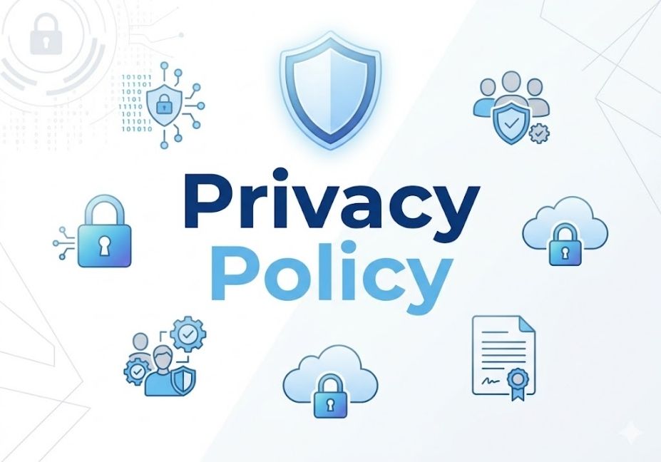 Privacy Policy page illustration showing data protection, secure user information, privacy settings, and cybersecurity icons on a clean professional background.