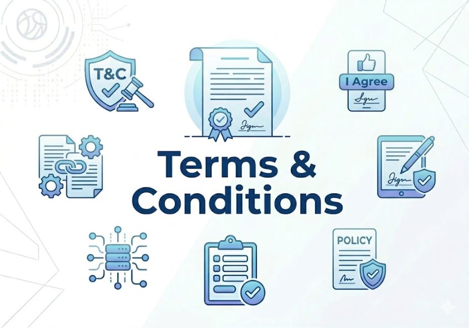 Terms and Conditions page illustration with legal documents, agreement icons, compliance symbols, and website usage policy graphics.